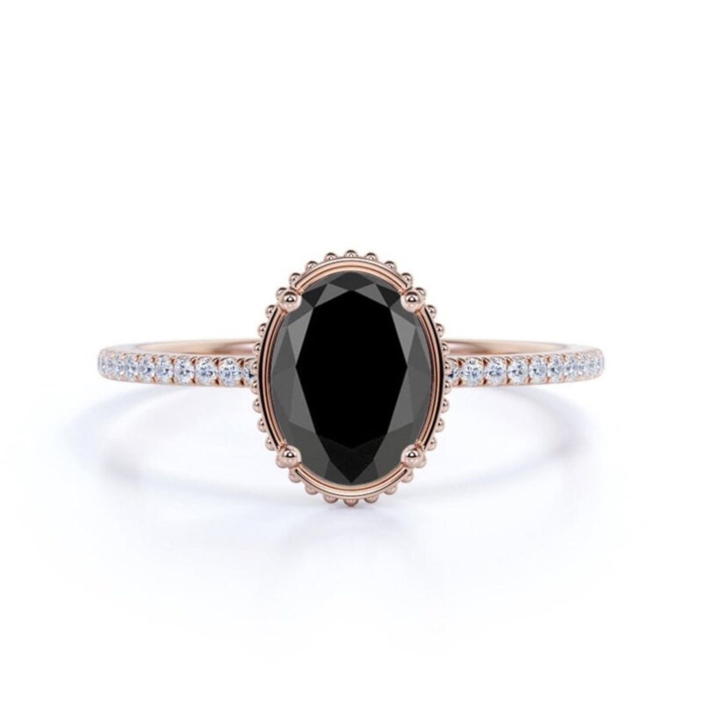 Oval Shape Prong Setting Black And White Diamond Ring In Rose Gold