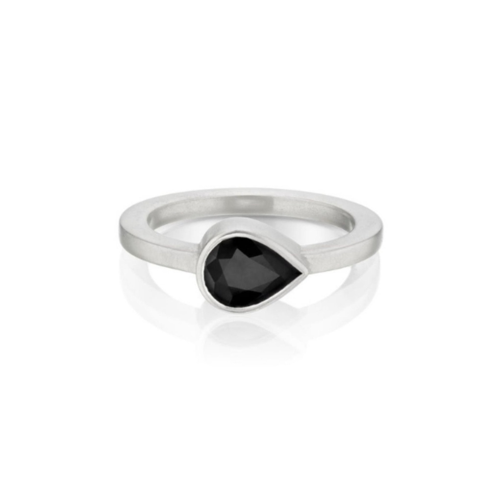 Pear Cut Bezel Set Solitaire Black Diamond Ring In White Gold