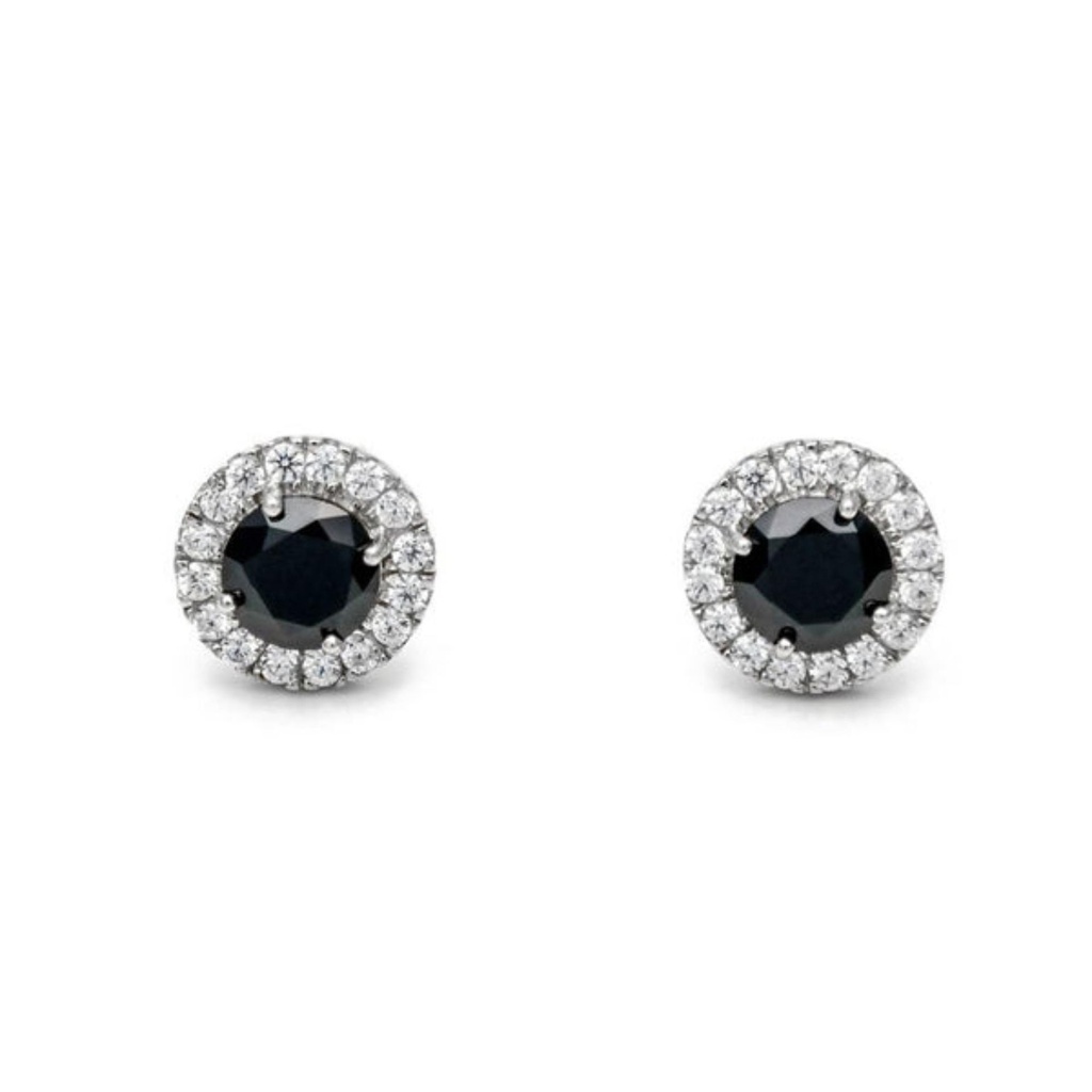 Round Cut Halo 4 Prong Black And White Diamond Stud Earrings