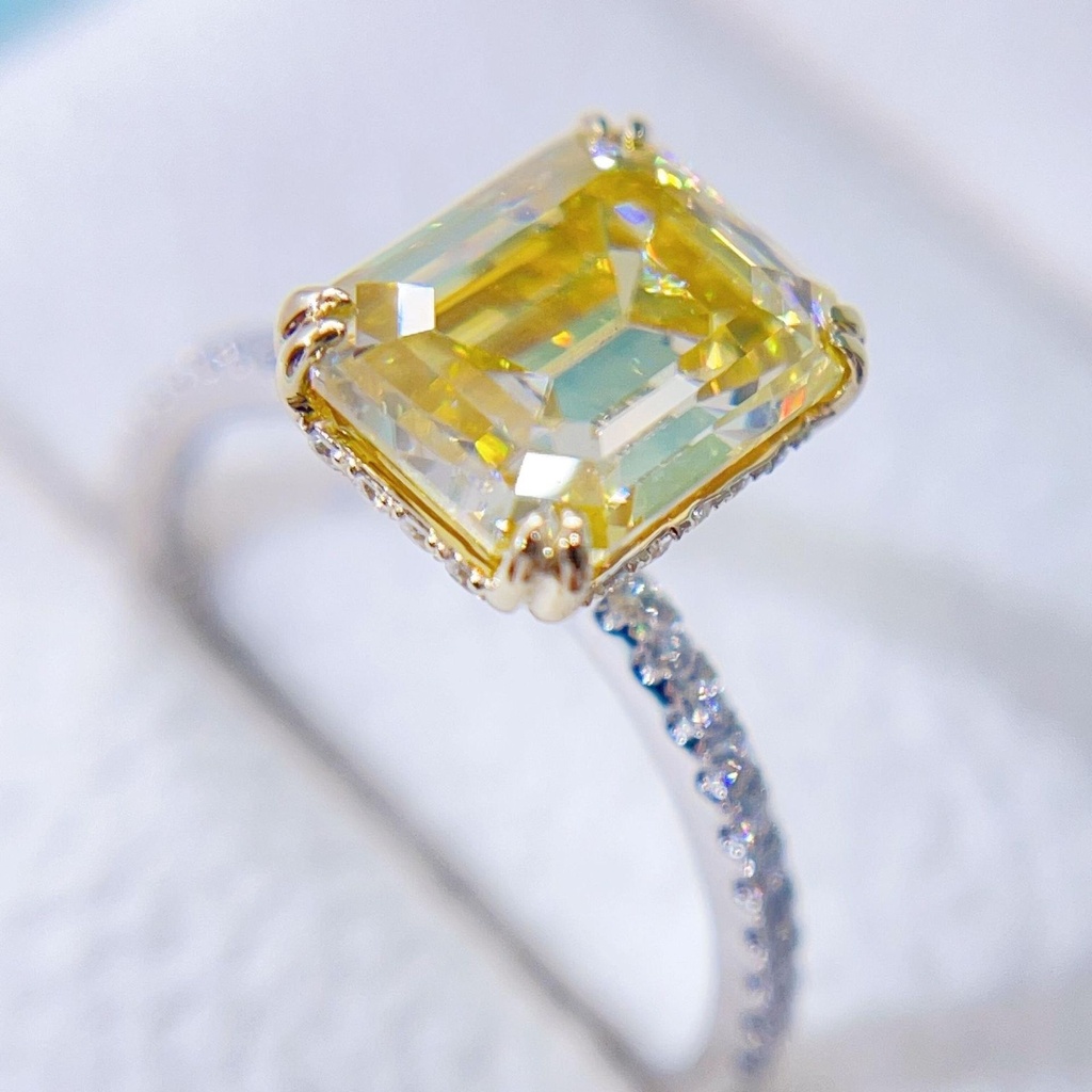 White Gold Yellow Moissanite Emerald Cut Halo Diamond Ring