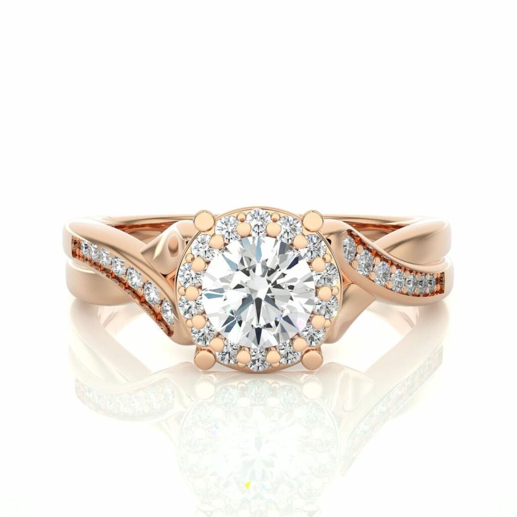Round Shaped Cirss Cross Halo Diamond Engagement Ring In Rose Gold