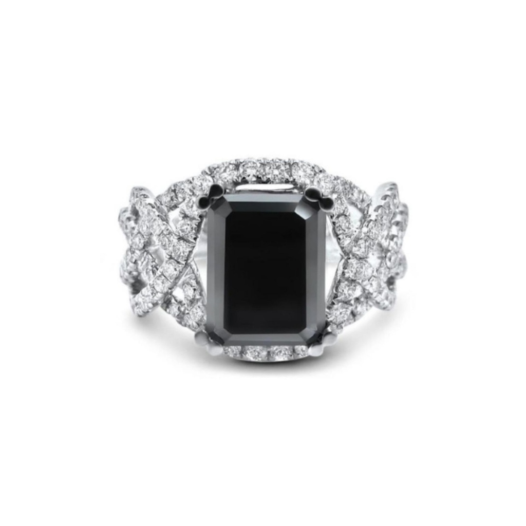 Emerald Shape Prong Set Twisted Black and White Diamond Ring