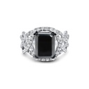Emerald Shape Prong Set Twisted Black and White Diamond Ring