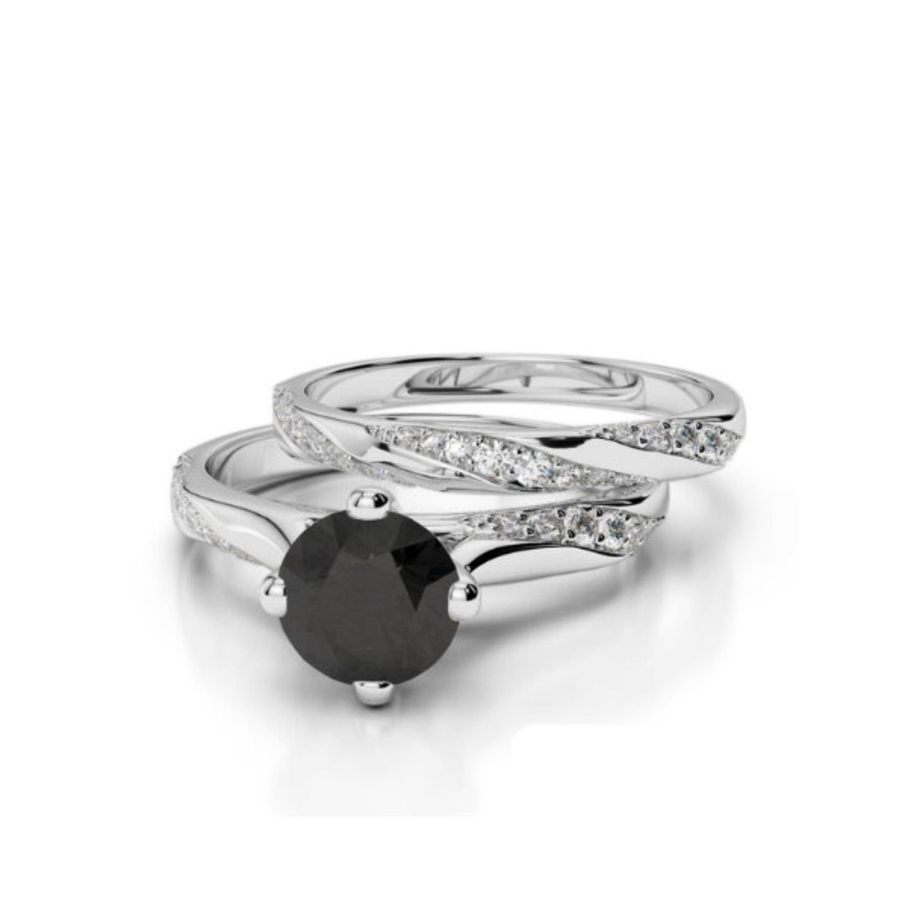 Round Cut Prong Setting Black And White Diamond Ring Set