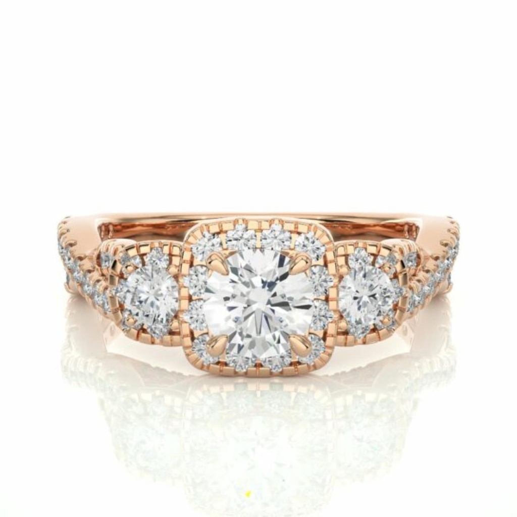 Round Cut Criss Cross 3 Stone Halo Diamond Engagement Ring In Rose Gold