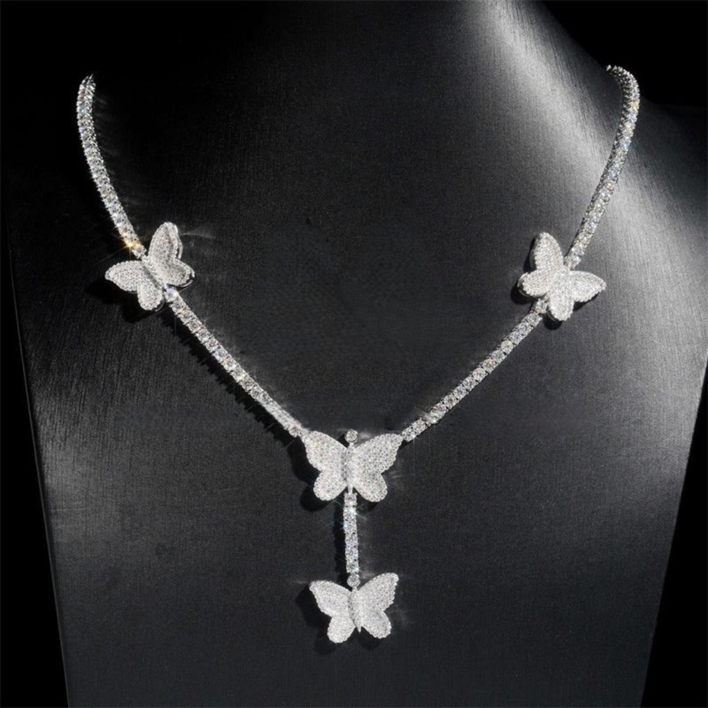 Round Cut Diamond Silver Iced Out Butterfly Charm Tennis Necklace Hip Hop Jewelry For Men