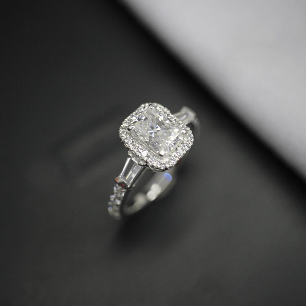  Radiant And Baguette Cut Halo Moissanite Ring