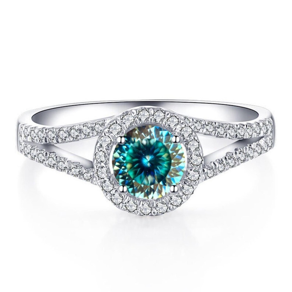 Portuguese Cut Blue Moissanite Engagement Ring, Halo With Split Shank Wedding Ring, Ring For Women, Anniversary Gift