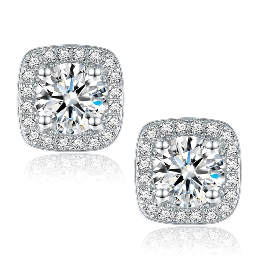 Round Brilliant Cut White Cubic Zirconia 925 Sterling Silver Square Stud Earrings