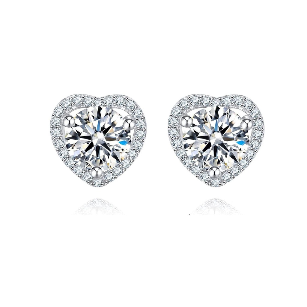 Round Brilliant Cut White Cubic Zirconia 925 Sterling Silver Heart Shape Stud Earrings