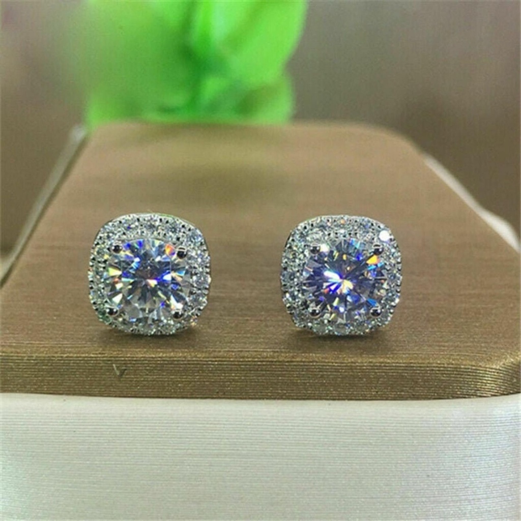 Round Cut Diamond Halo Cushion Shape Stud Earrings For Women 