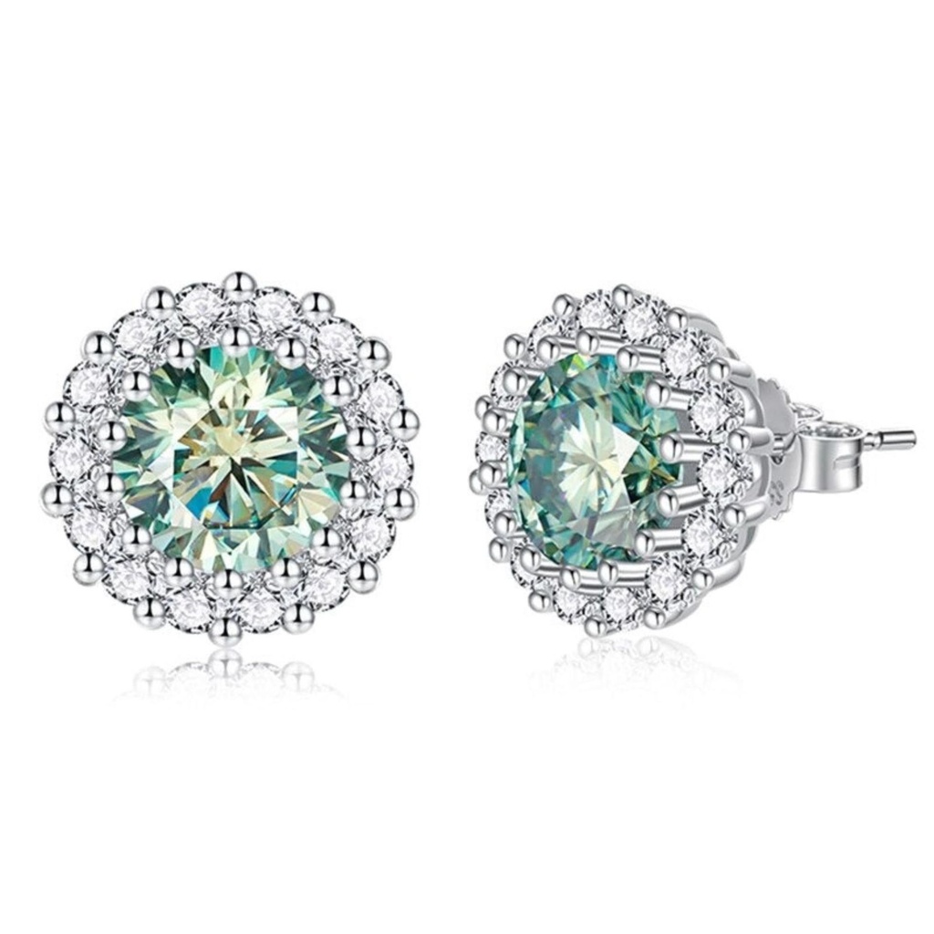 Green Round Cut Diamond Halo Stud Earrings For Women