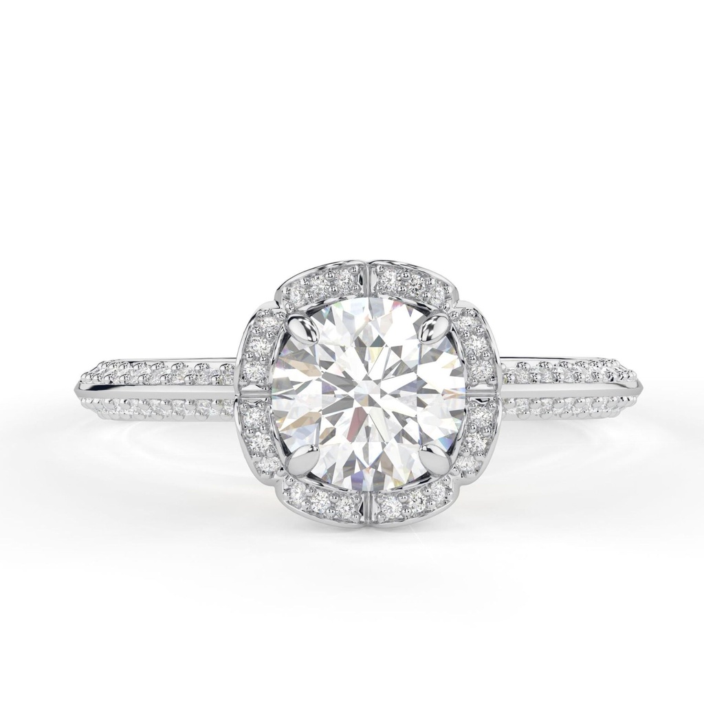 Flower Style Halo With Hidden Halo Ring, Knife Edge Shank Pave Set Wedding Ring, Round Brilliant Cut  Engagement Ring