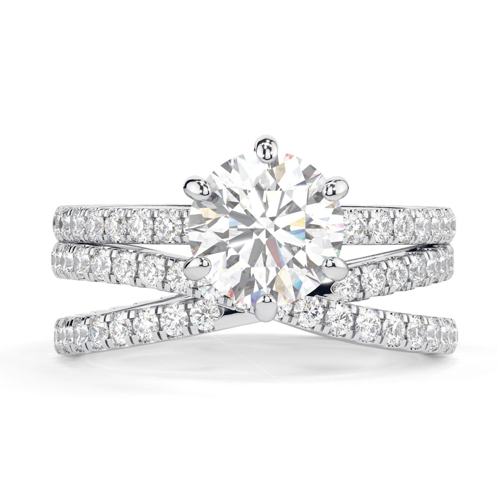  Round Simulated Diamond Engagement Ring Set, 6 Prong Diamond Rose Gold Plated Ring Set, Cross Over Band, Wedding Anniversary Ring