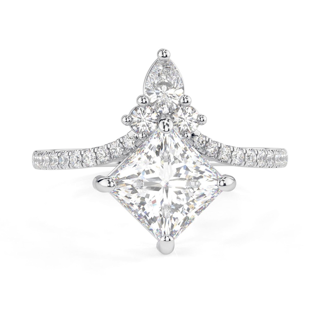 Princess Cut Colorless Engagement Ring, Side Stone Pear &amp; Round  Crown Style Ring, Pave Wedding Ring For Women