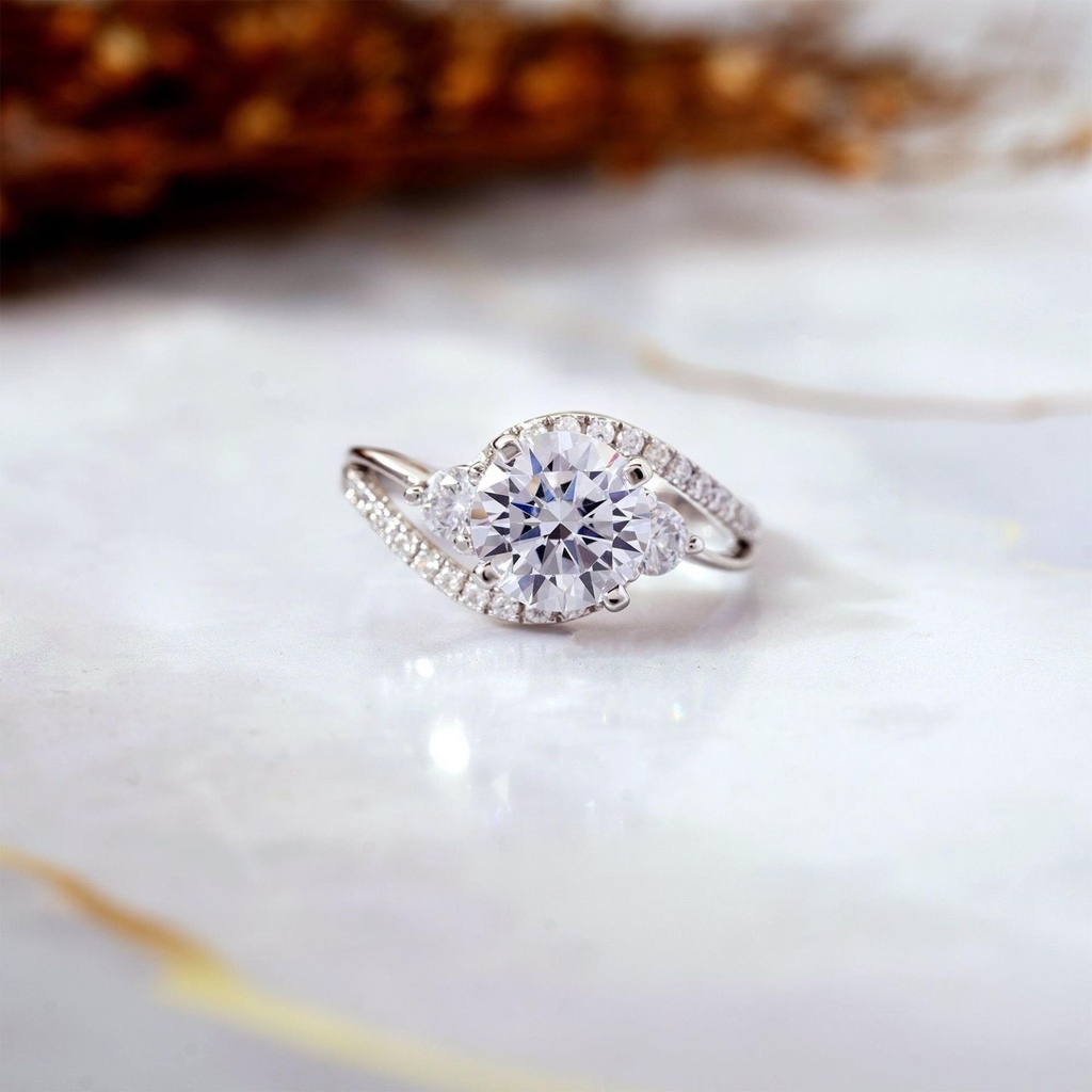 Round Cut 3 CT Moissanite Engagement Ring, Claw Prong Three Stone Ring, Bypass Shank Style Unique Designer Ring, Swirl Wedding Ring For Her