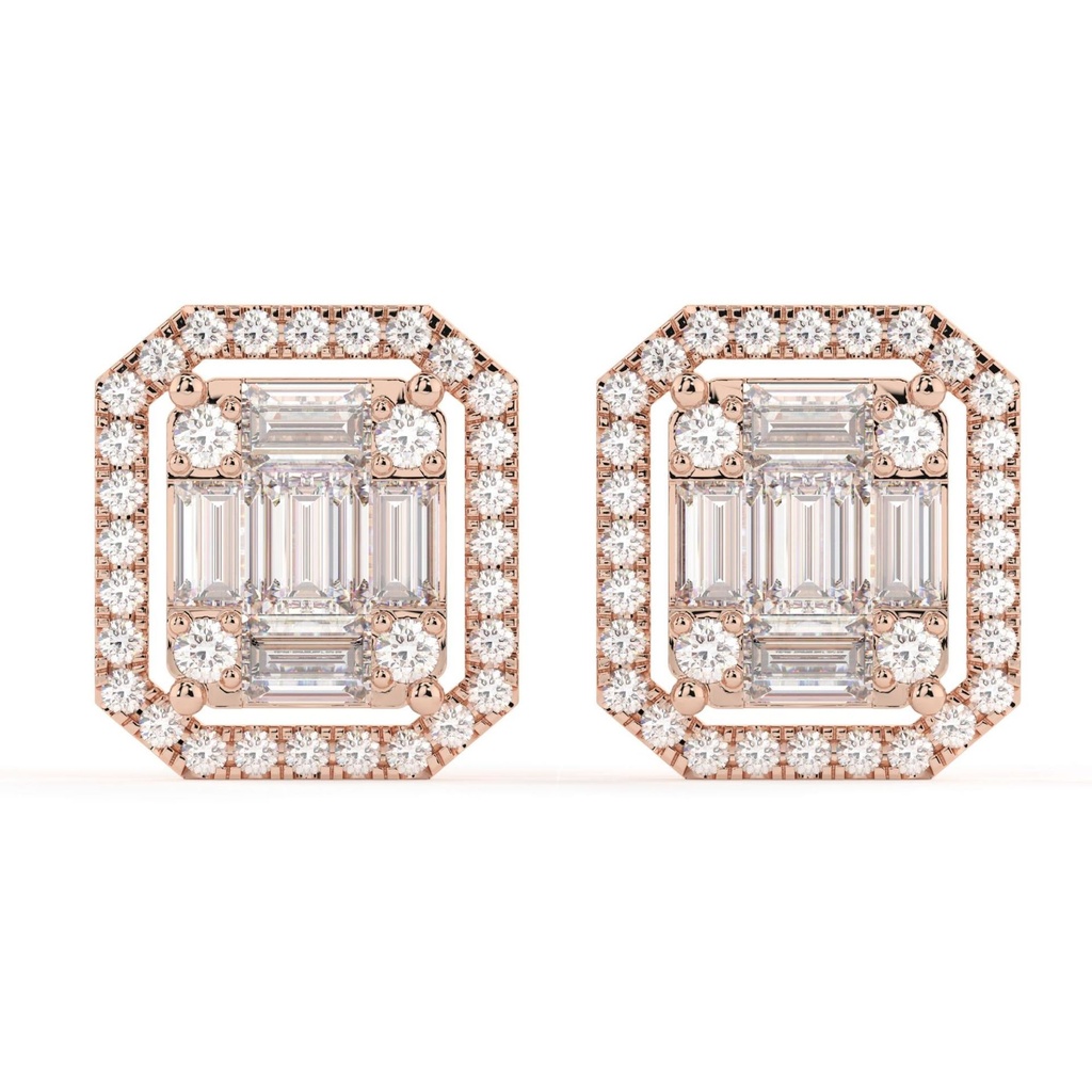 Baguette and Round Earrings with Halo Setting Earrings 14k Solid Gold Round &amp; Baguette  Halo Cluster Studs Dainty Minimal Earrings