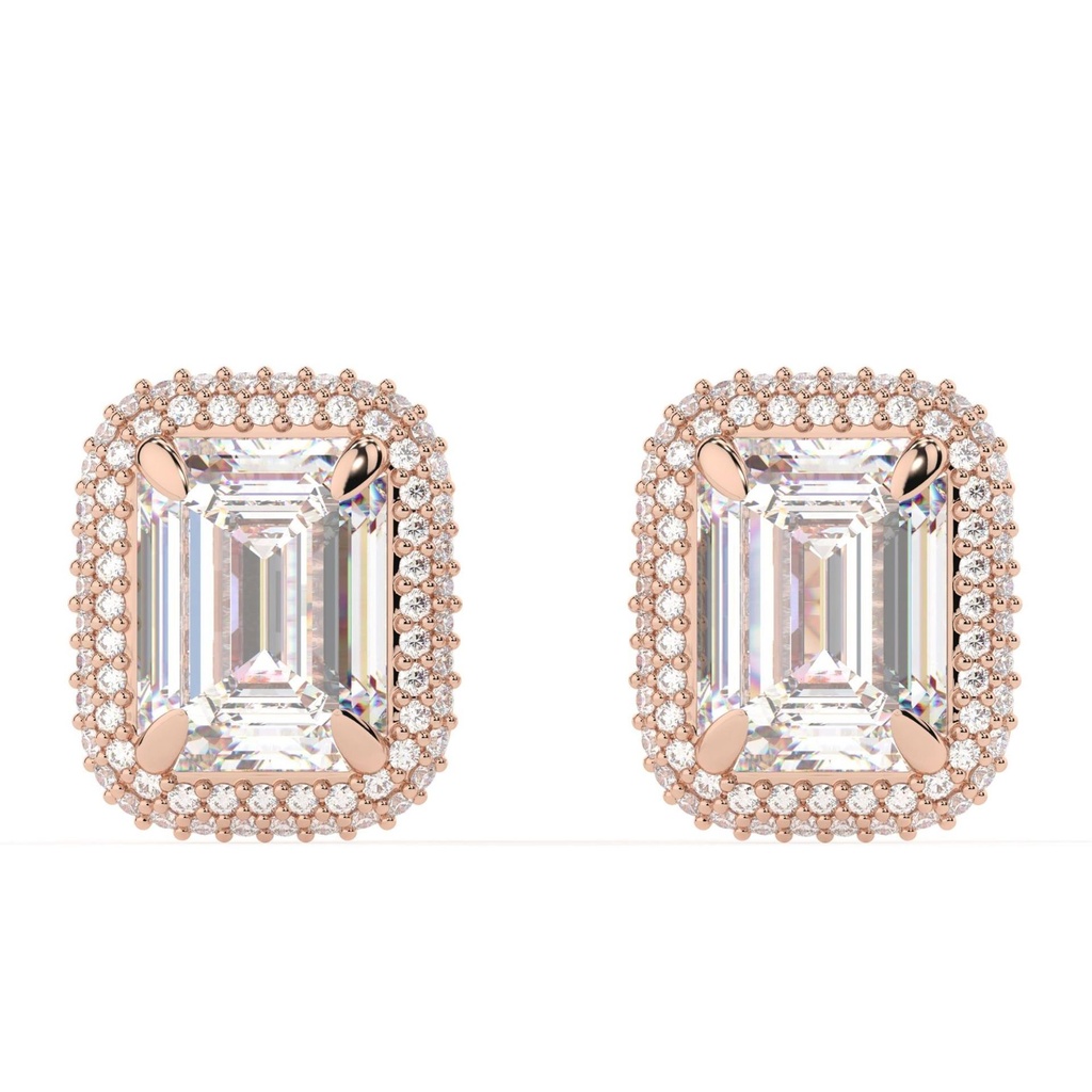 Emerald Cut Diamond Double Hidden Halo Stud Earrings For Women
