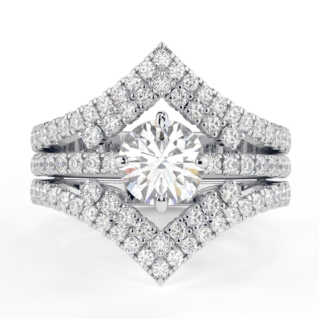 Round Cut Diamond Hidden Halo Heavy Unique Style Trio Set Ring for Women