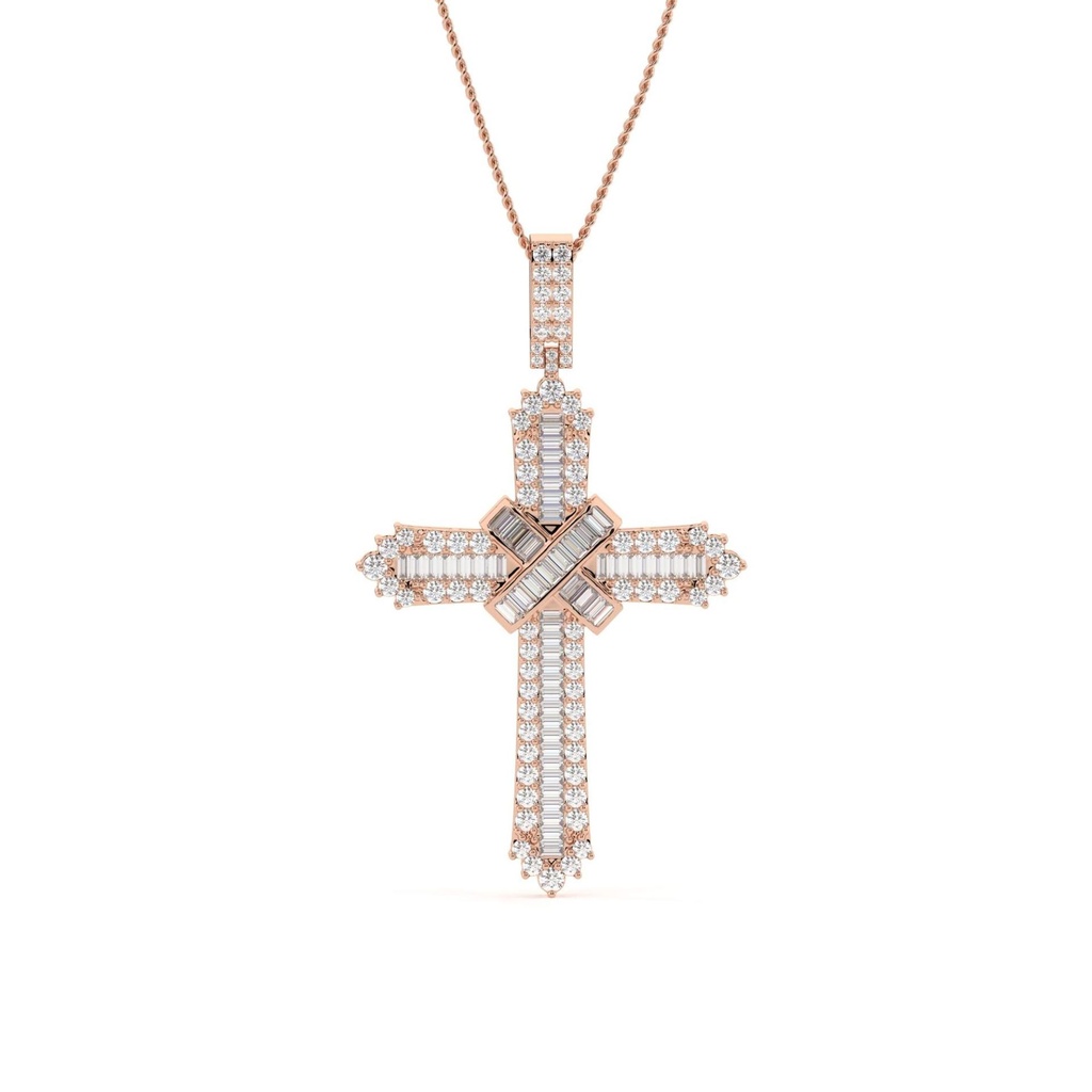 Round And Baguette Cut Diamond Cross Pendant For Women