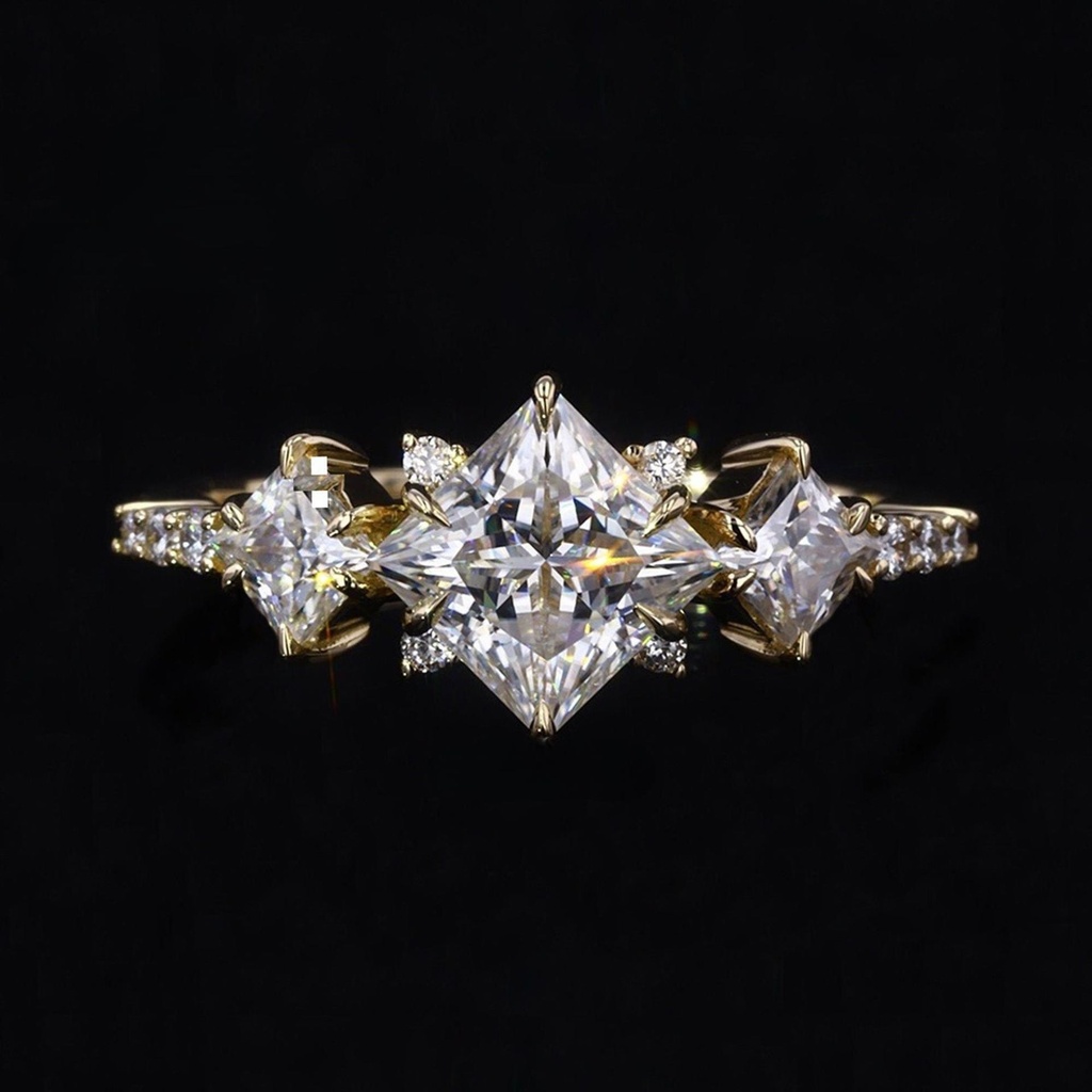 Three Stone Engagement Ring, Pretty Princess Cut Moissanite Anniversary Ring, Art Deco 6 Claw Prong Cluster Set Designer Bridal Promise Ring