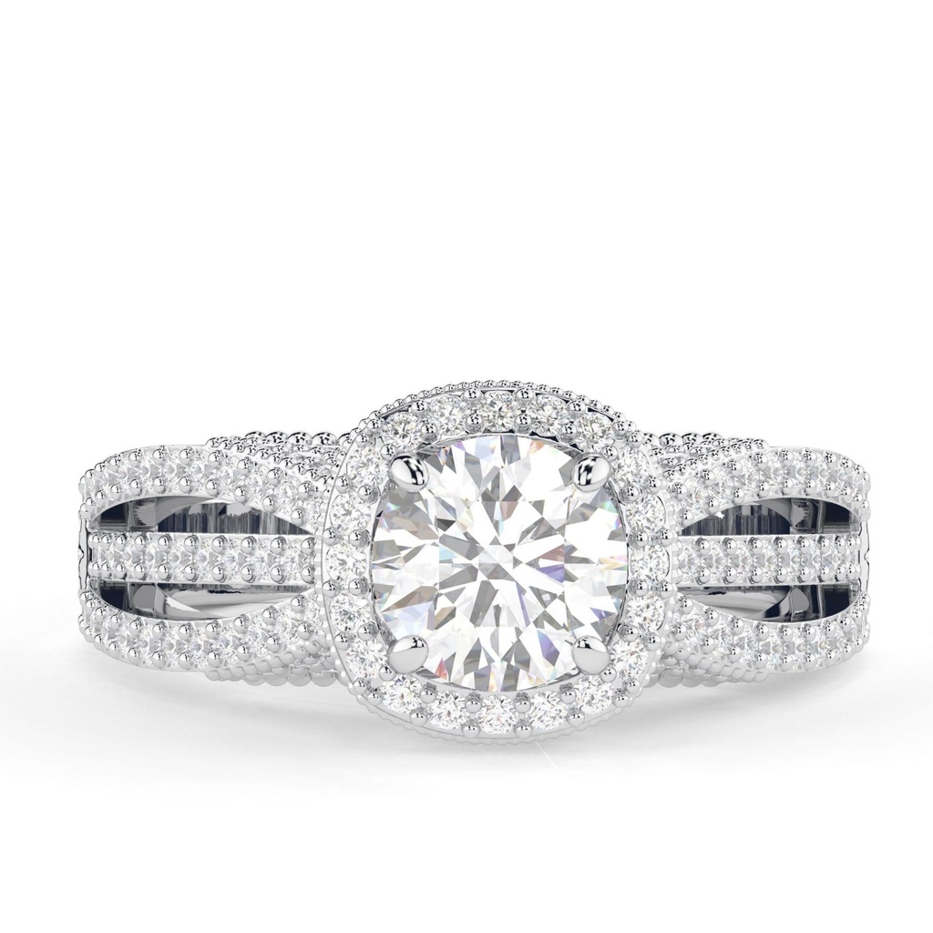 Round Cut Diamond Halo Split Shank Vintage Unique Heavy Anniversary Ring for Women
