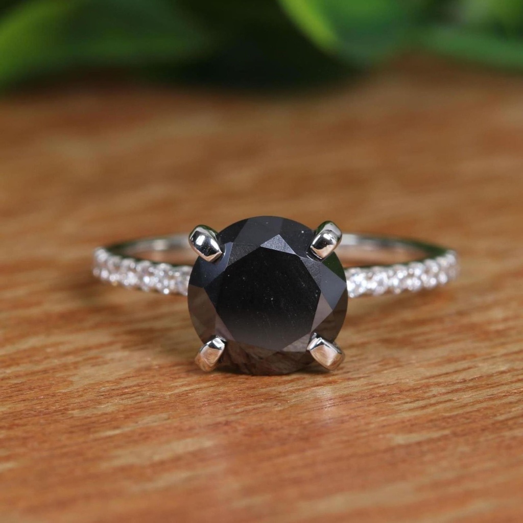 Black Round Diamond Solitaire With Accents Engagement Ring for Women