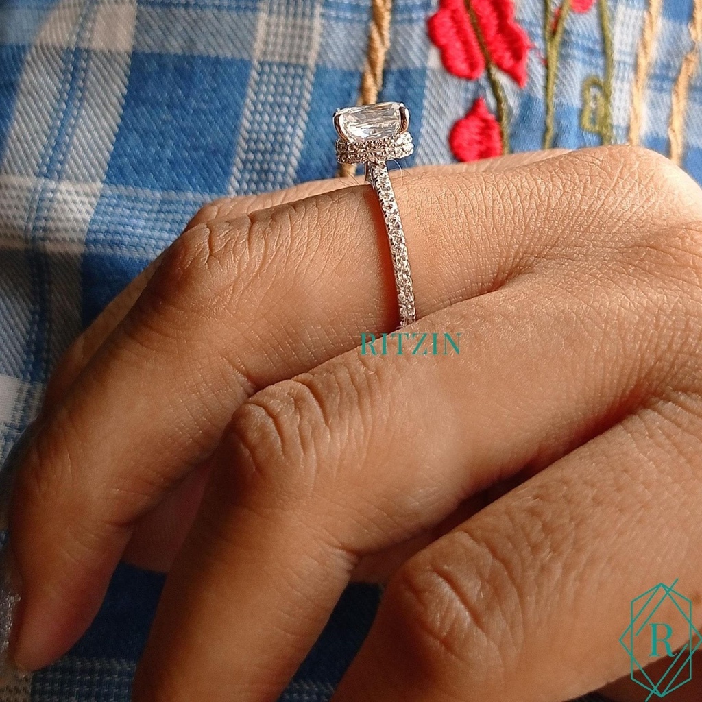  Elongated Cushion Cut Colorless  Ring, Double Hidden Halo Ring, Pave Set Wedding Ring, Anniversary Gifts, Bridal Ring