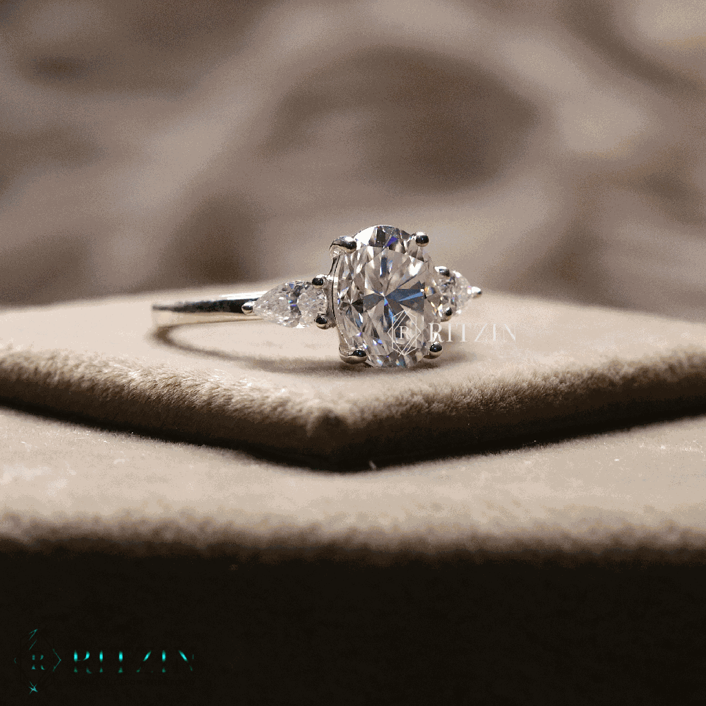 Oval And Pear Cut Diamond Three Stone Style Engagement Ring For Women