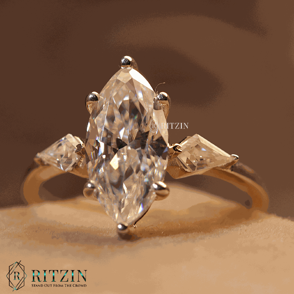 Marquise And Kite Cut Diamond Three Stone Style Engagement Ring For Women