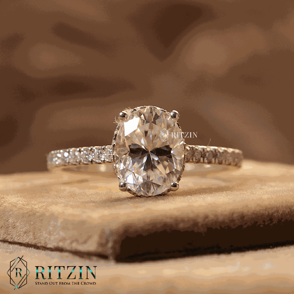 Oval And Round Cut Diamond Hidden Halo With Accents Engagement Ring For Women