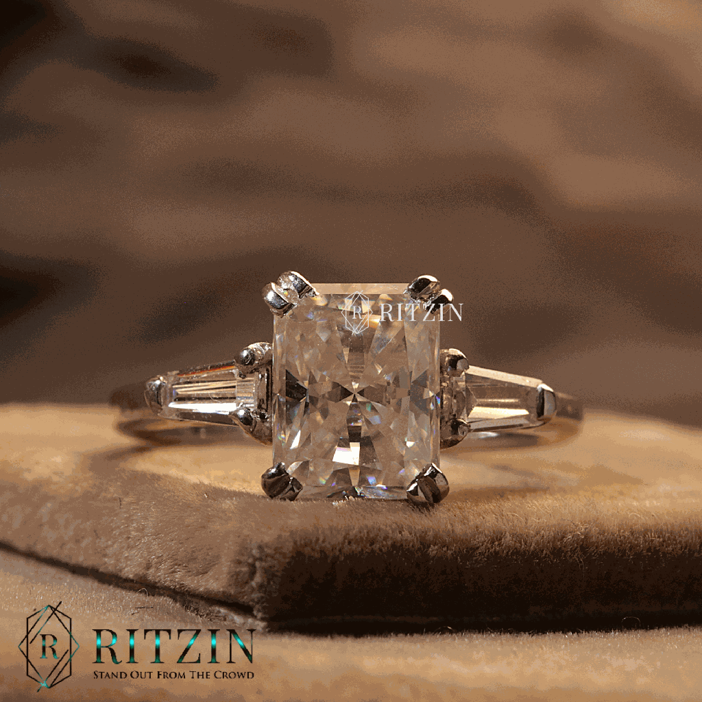 Radiant And Tapered Baguette Cut Diamond 3 Stone Engagement Ring For Women 