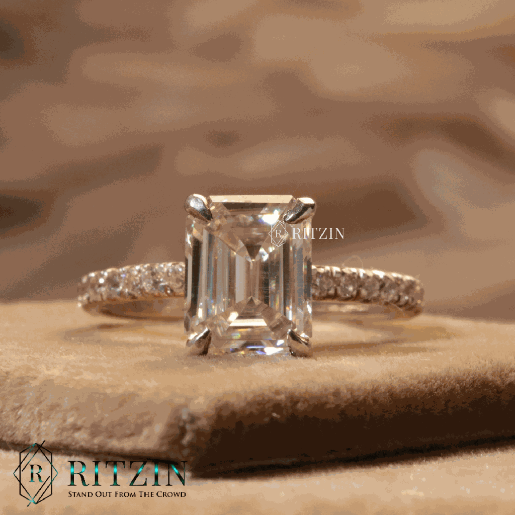 Emerald And Round Cut Diamond Solitaire With Accent Engagement Ring For Women