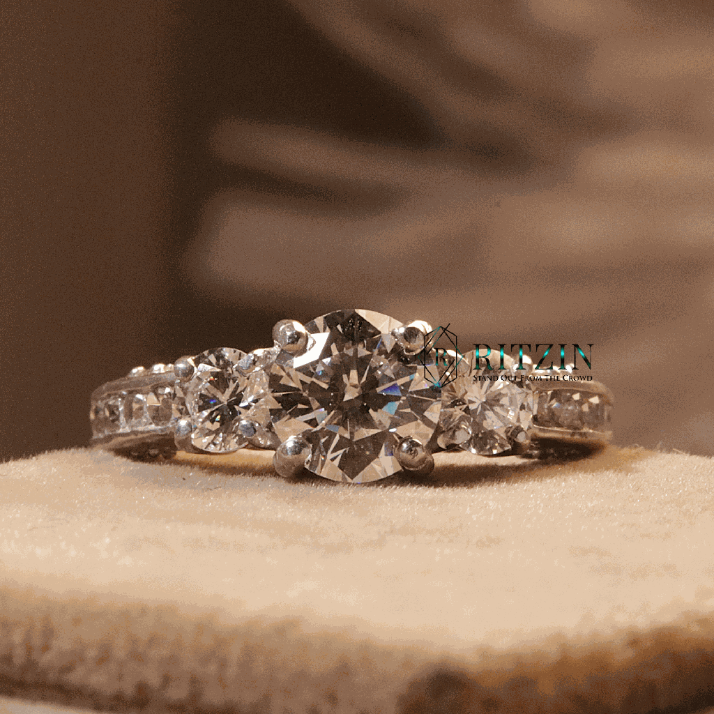 Round Cut Diamond Solitaire With Accents Style Engagement Ring for Women
