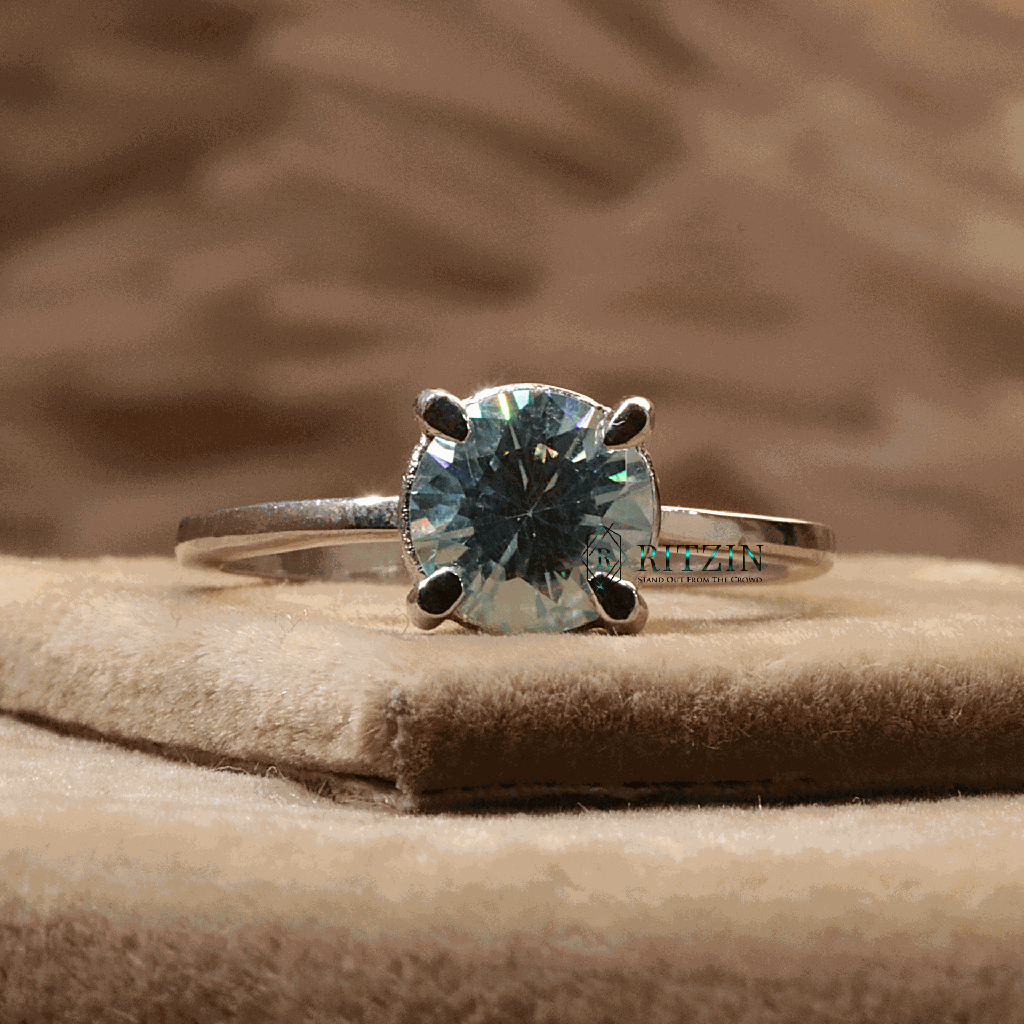 Blue Round Cut Diamond Solitaire Style Engagement Ring For Women 