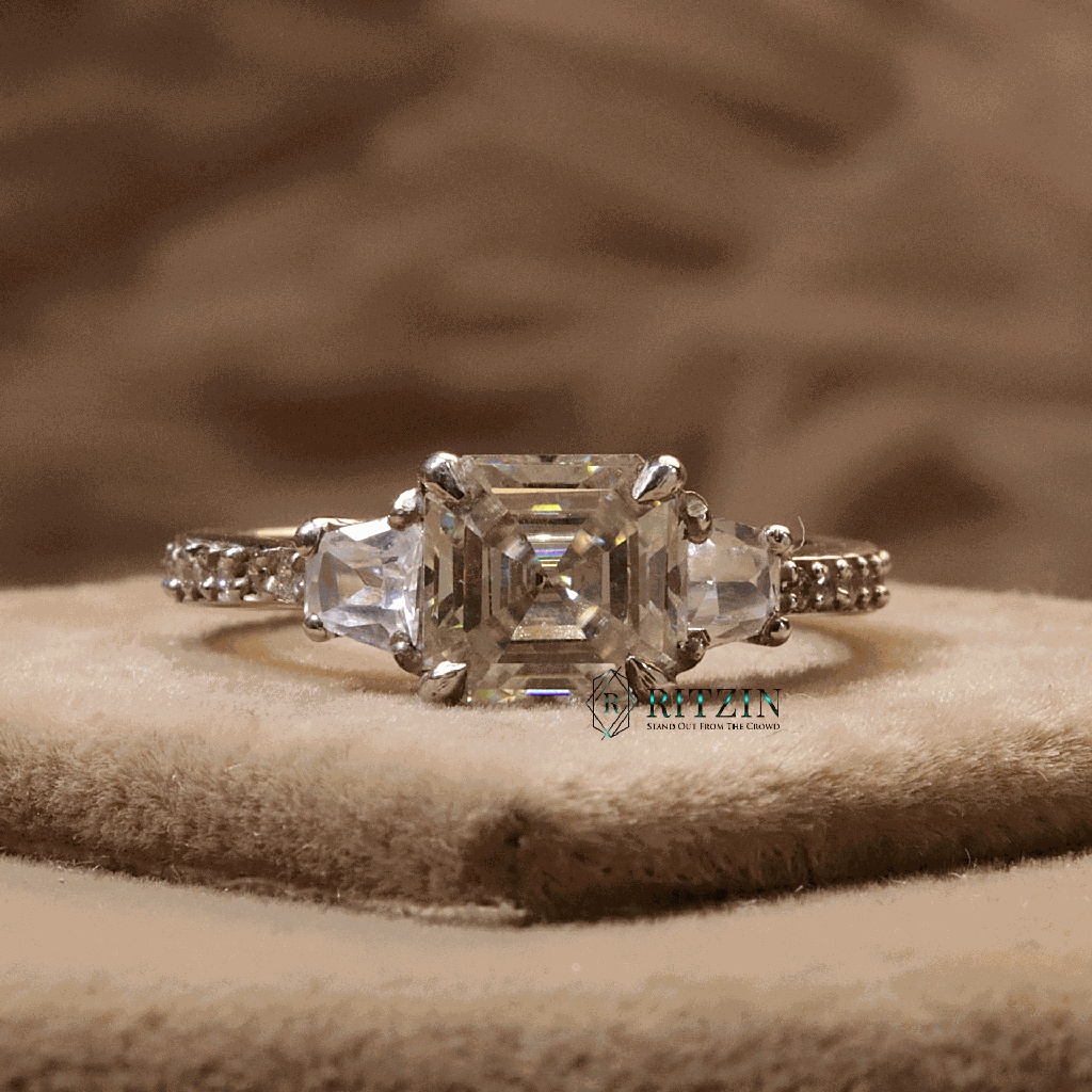  Off White Asscher Cut Diamond Solitaire With Accent Engagement Ring For Women 