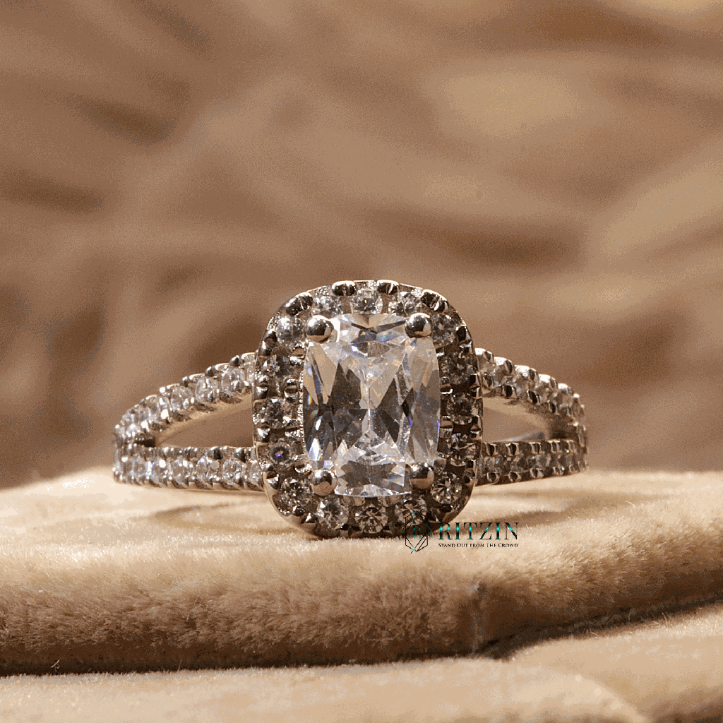 Elongated Cushion Cut Diamond Halo With Split Shank Style Engagement Ring For Women