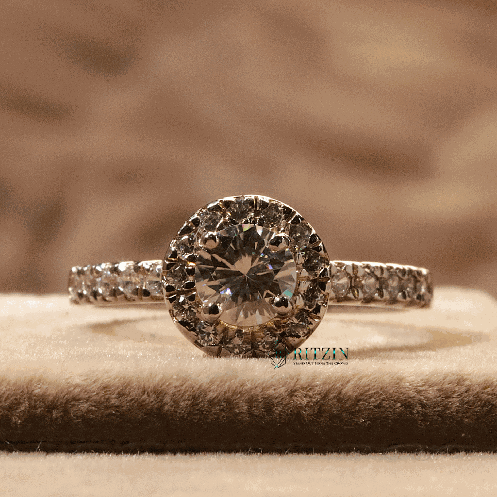 Round Cut Diamond Halo With Solitaire Accent Engagement Ring For Women 
