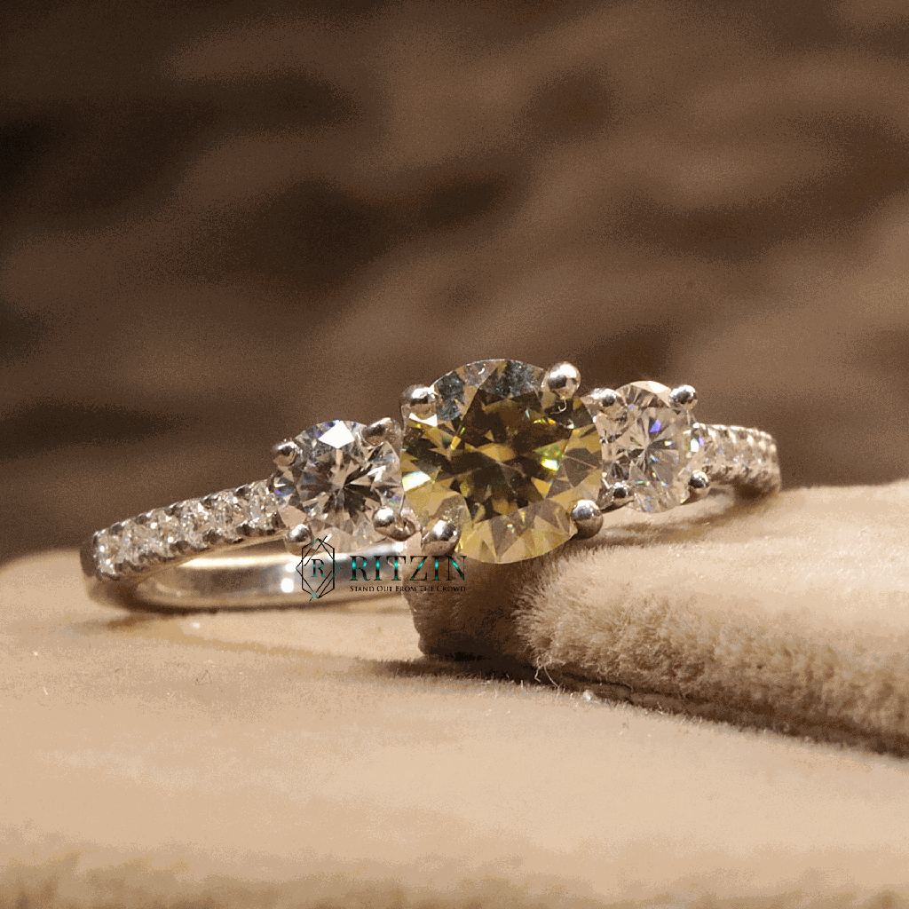 Yellow Round Cut Diamond Solitaire With Accents Engagement Ring For Women 