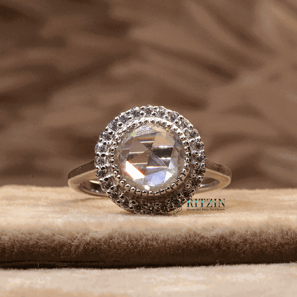  Rose Cut Round Diamond Halo Style Engagement Ring For Women 