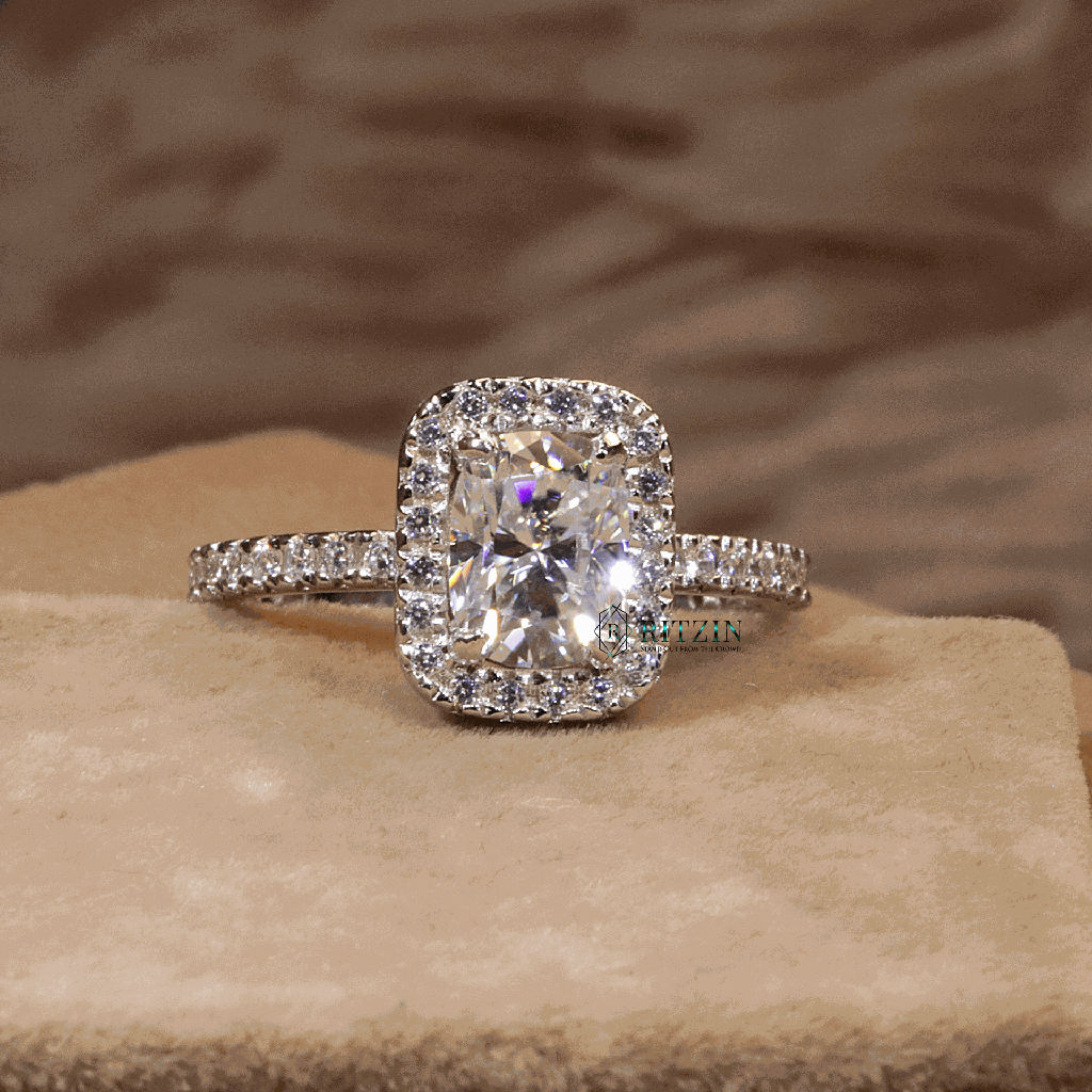 Elongated Cushion And Round Cut Hidden Halo Style Engagement Ring For Women 