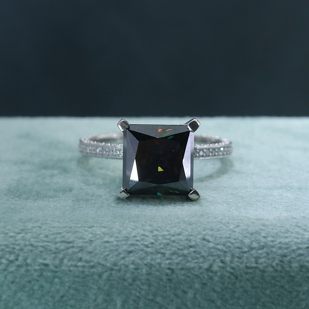 Black Princess And Round Cut Hidden Halo Engagement Ring For Women 