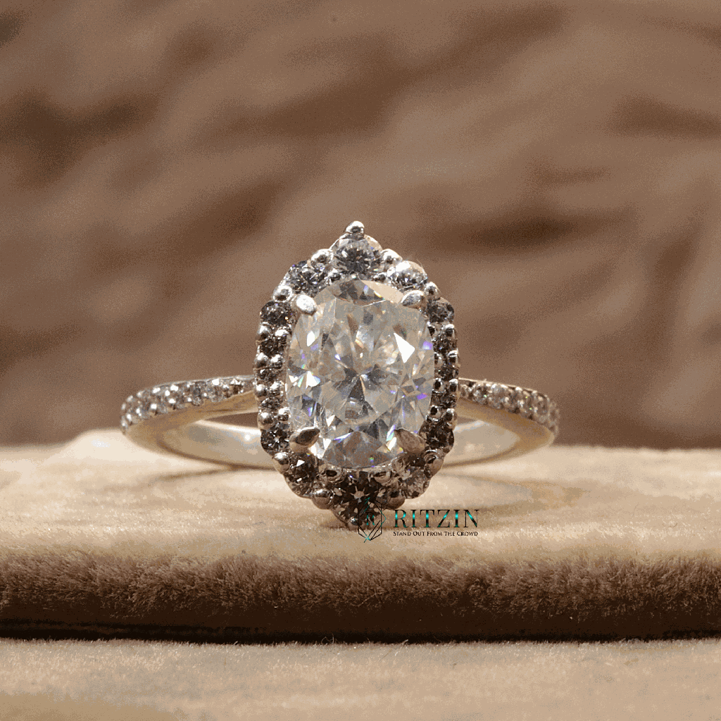 Oval And Round Cut Diamond Halo With Accent Engagement Ring For Women 