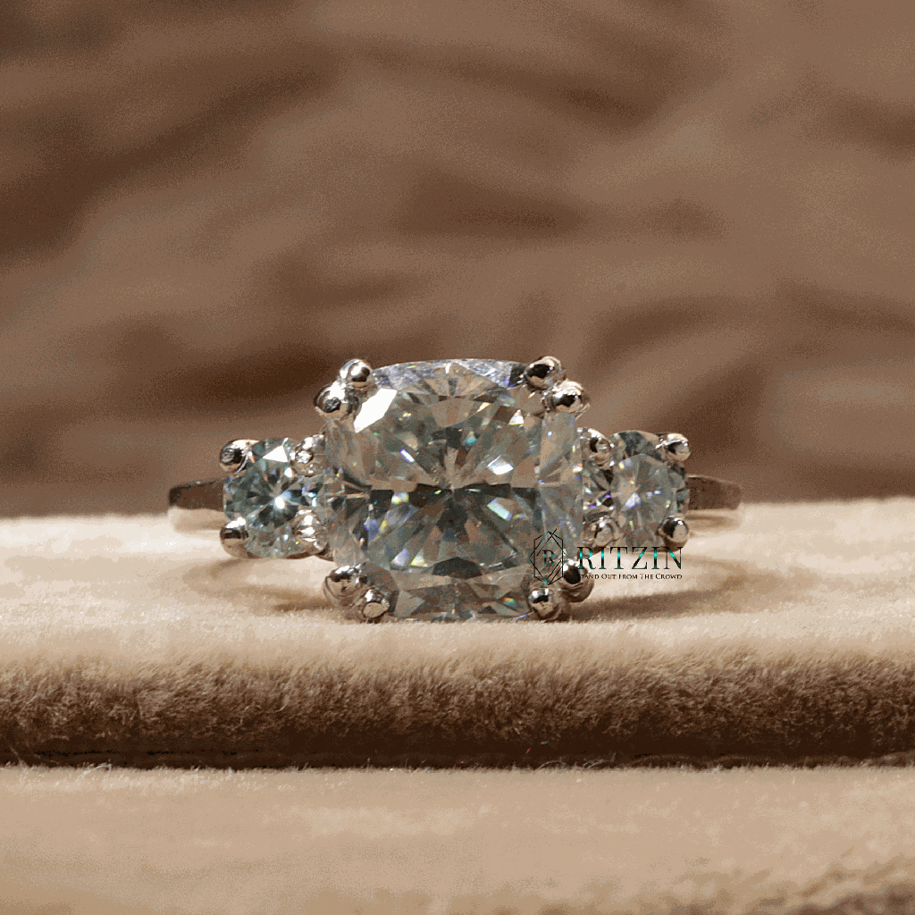 Cushion And Round Cut Diamond 3 Stone Style Engagement Ring For Women