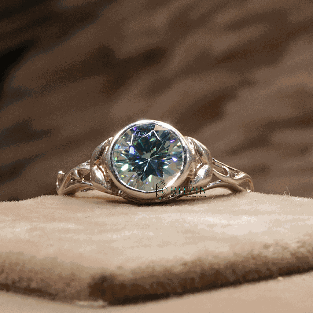 Blue Round Cut Diamond Solitaire Style Engagement Ring For Women