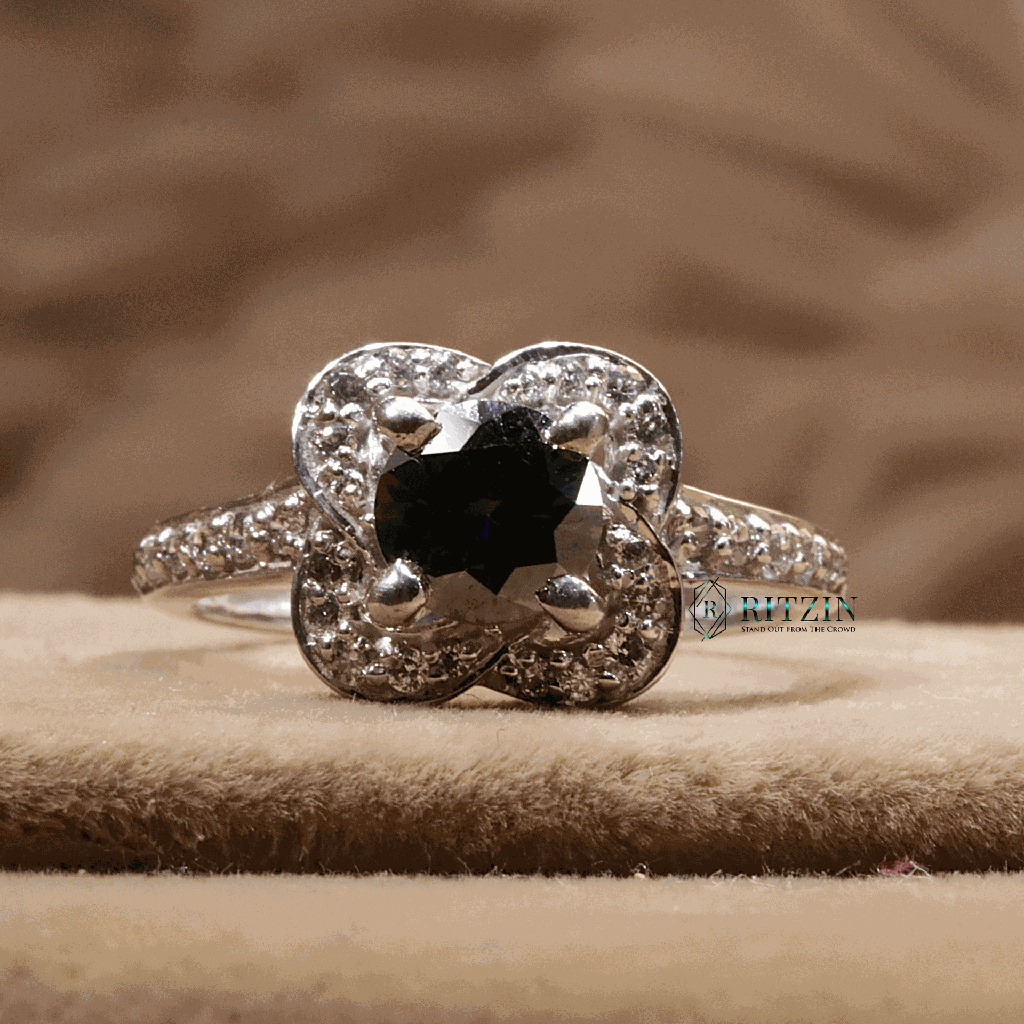Black Round Cut Diamond Halo With Accent Engagement Ring For Women