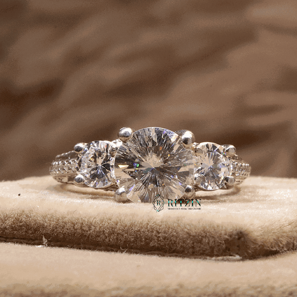 Round Cut Diamond 3 Stone With Accent Engagement Ring For Women