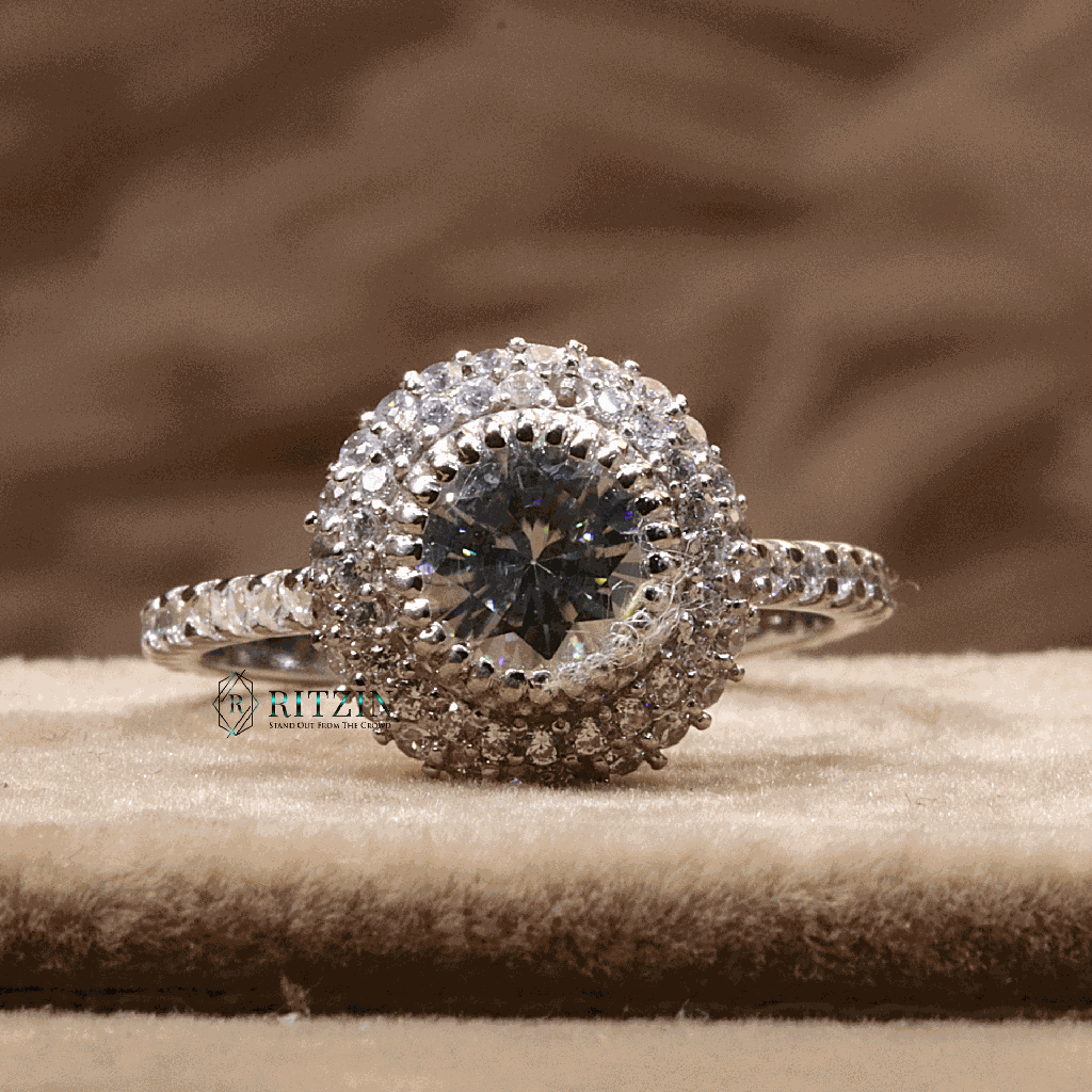 Round Cut Diamond Double Halo With Accent Engagement Ring For Women