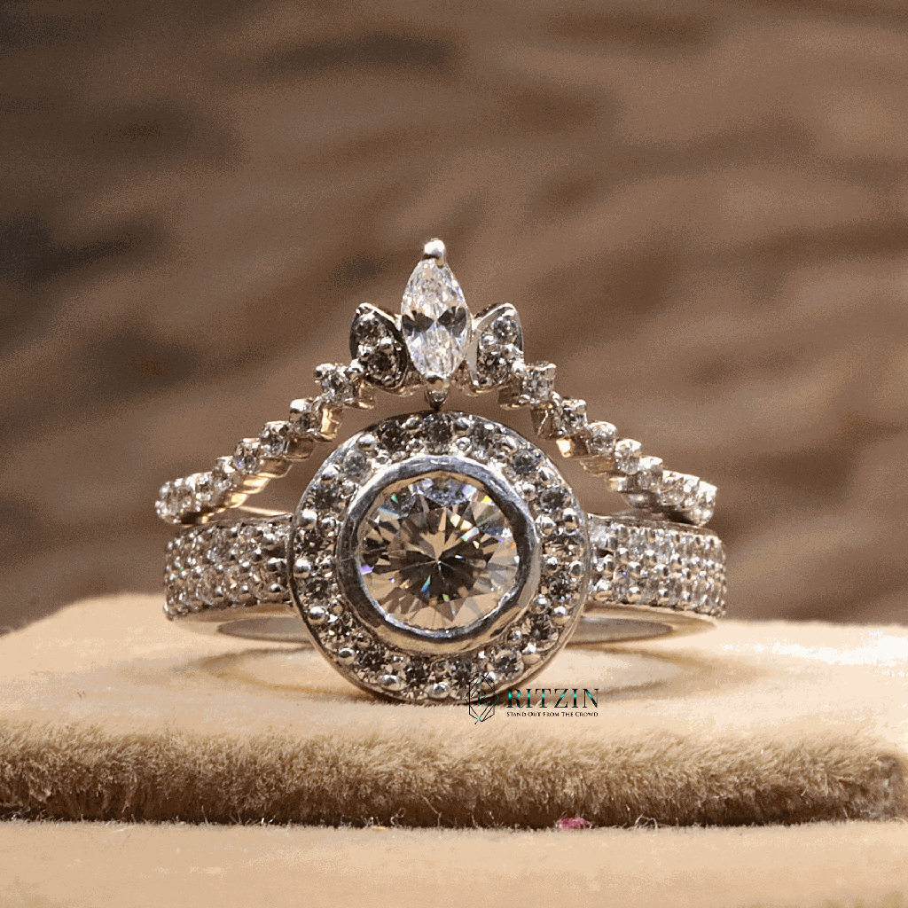 Round And Marquise Cut Diamond Heavy Ring Bridal Set Engagement Ring For Women