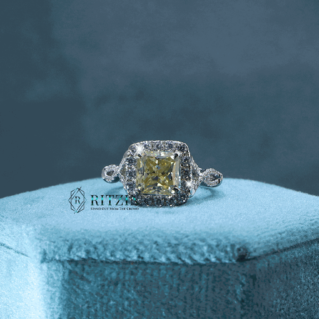  Yellow Asscher Cut Diamond Twisted Style Engagement Ring For Women   